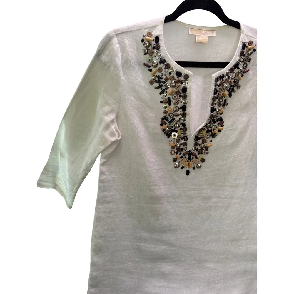 Michael Kors Linen Tunic Women Small White Beaded Split Neck 3/4 Sleeve Boho